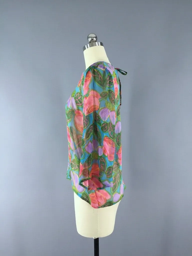 Floral Print Chiffon Blouse made from a Vintage Indian Sari