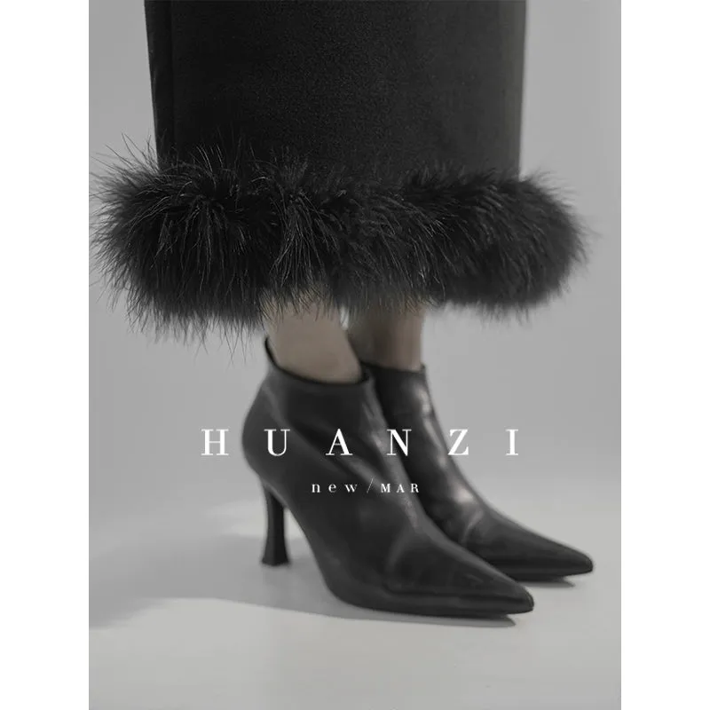 Huanzi custom ostrich black long pencil high-waisted skirt - Jei