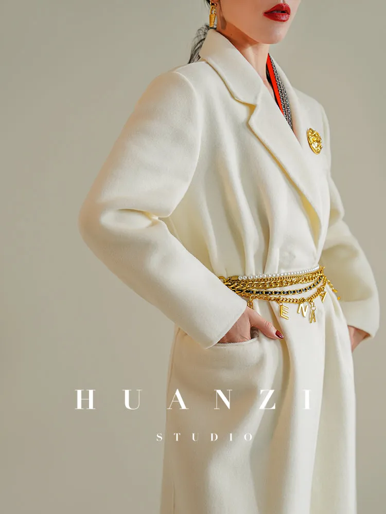 Huanzi high-definition wool pure hand-sewn double-sided woolen mid-length coat- Randy