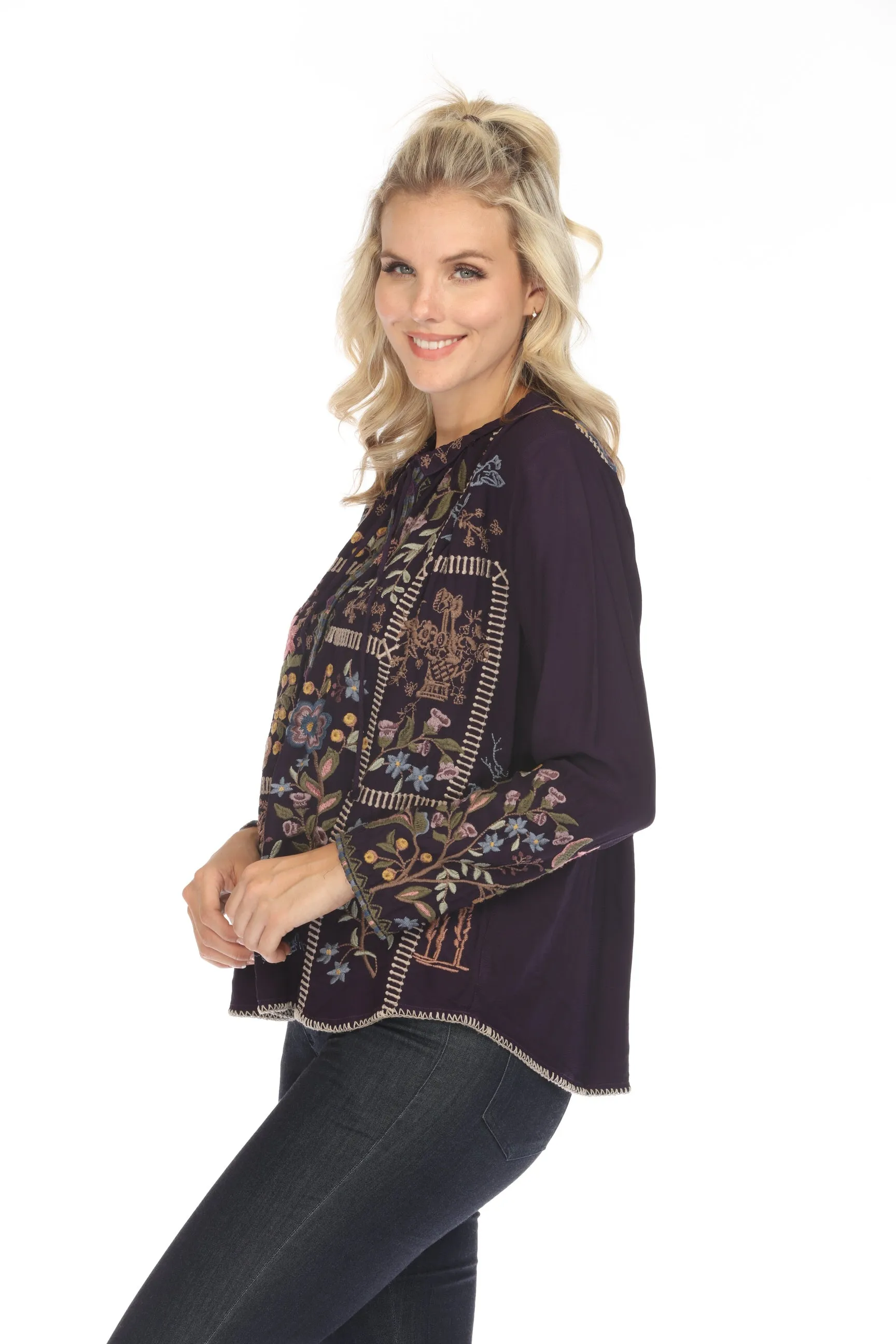 Johnny Was Purple Mabel Embroidered Blouse C17523 Boho Chic