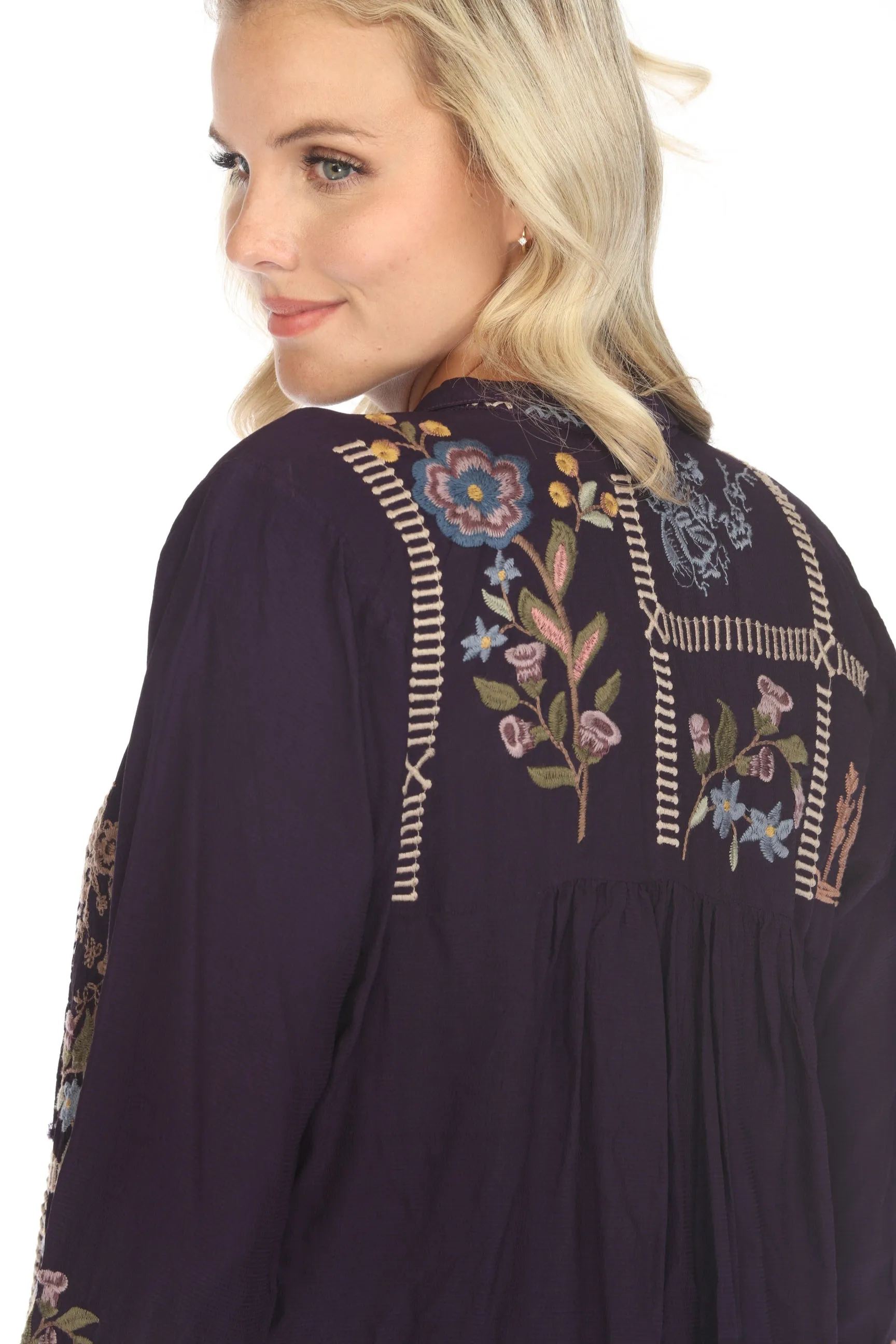 Johnny Was Purple Mabel Embroidered Blouse C17523 Boho Chic