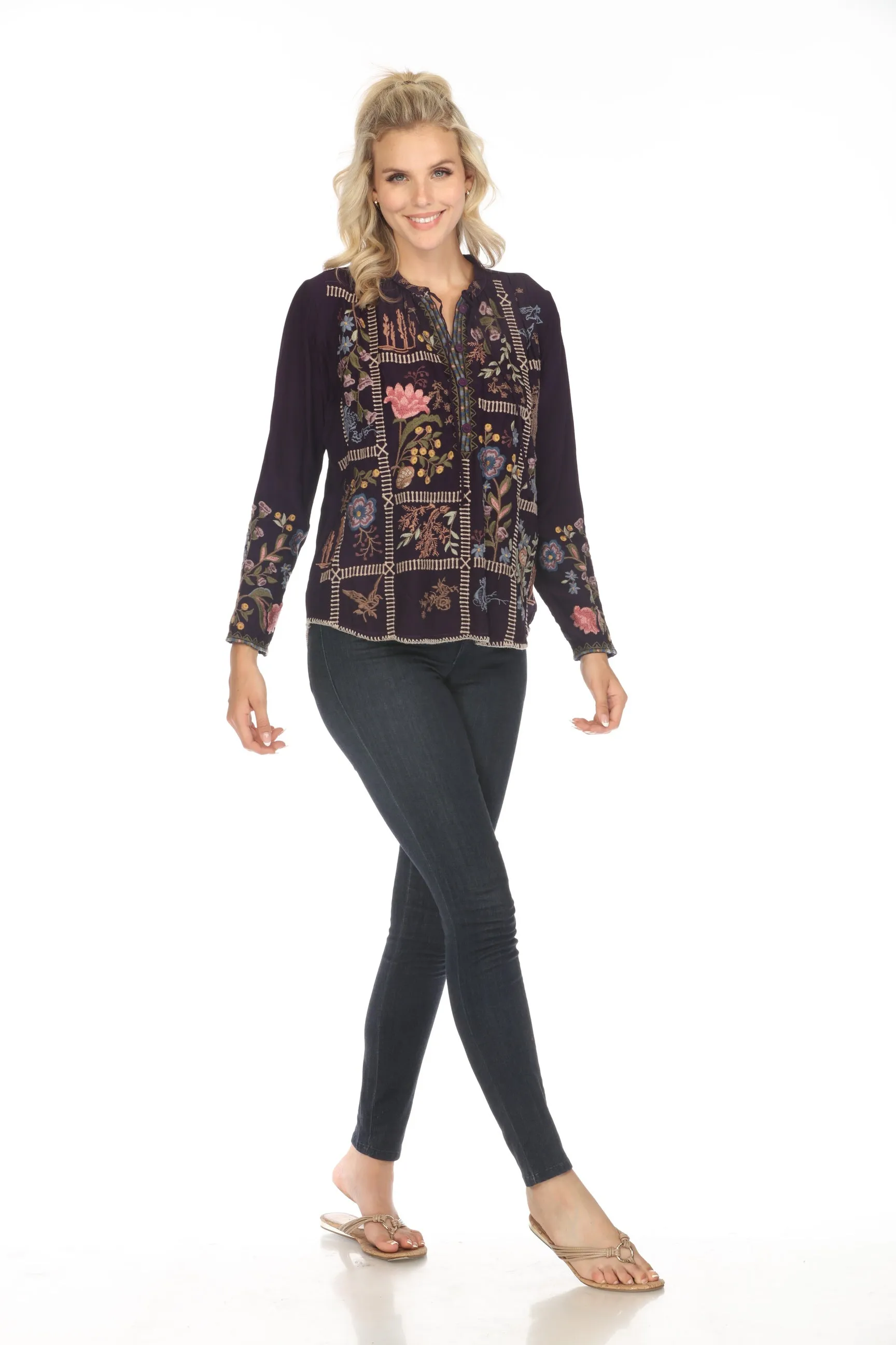 Johnny Was Purple Mabel Embroidered Blouse C17523 Boho Chic