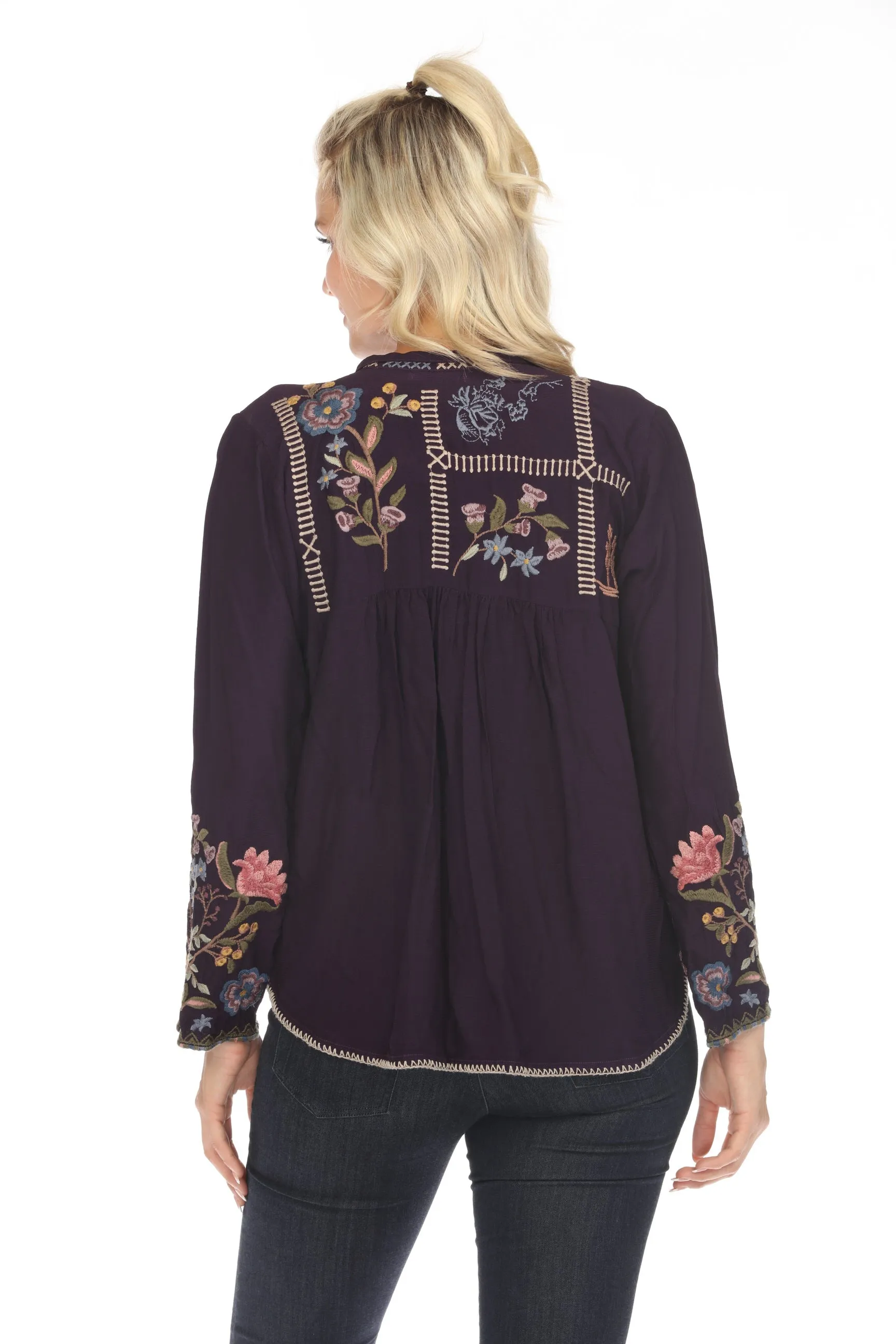 Johnny Was Purple Mabel Embroidered Blouse C17523 Boho Chic