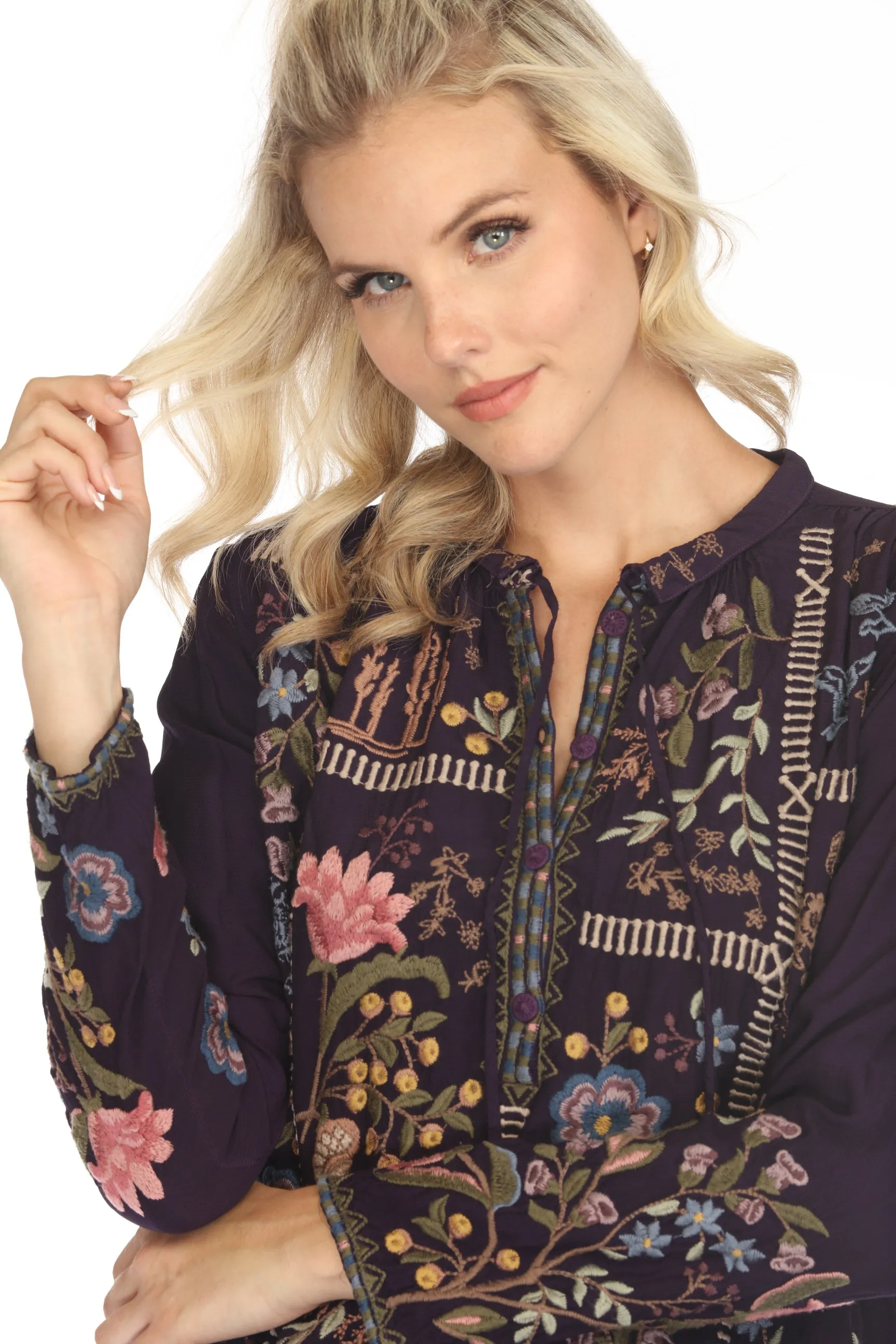 Johnny Was Purple Mabel Embroidered Blouse C17523 Boho Chic