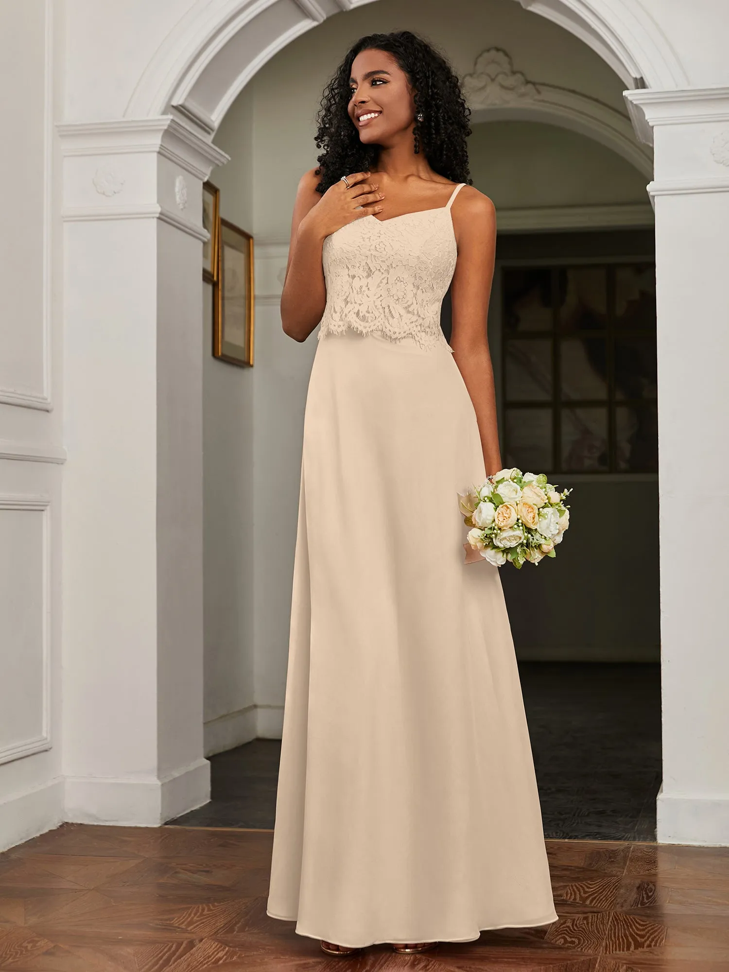 Lace Appliqued  Backless Chiffon A-Line Dress Champagne