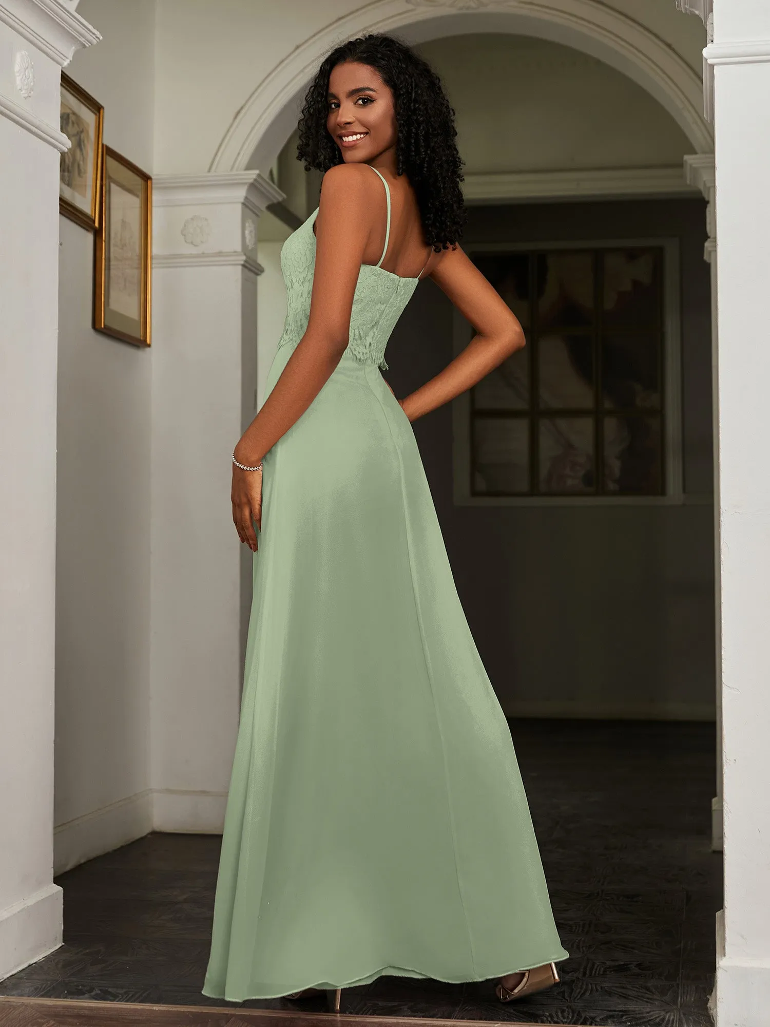 Lace Appliqued  Backless Chiffon A-Line Dress Dusty Sage