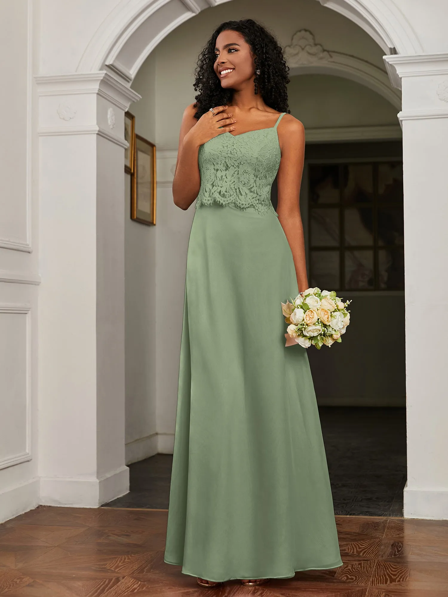 Lace Appliqued  Backless Chiffon A-Line Dress Dusty Sage