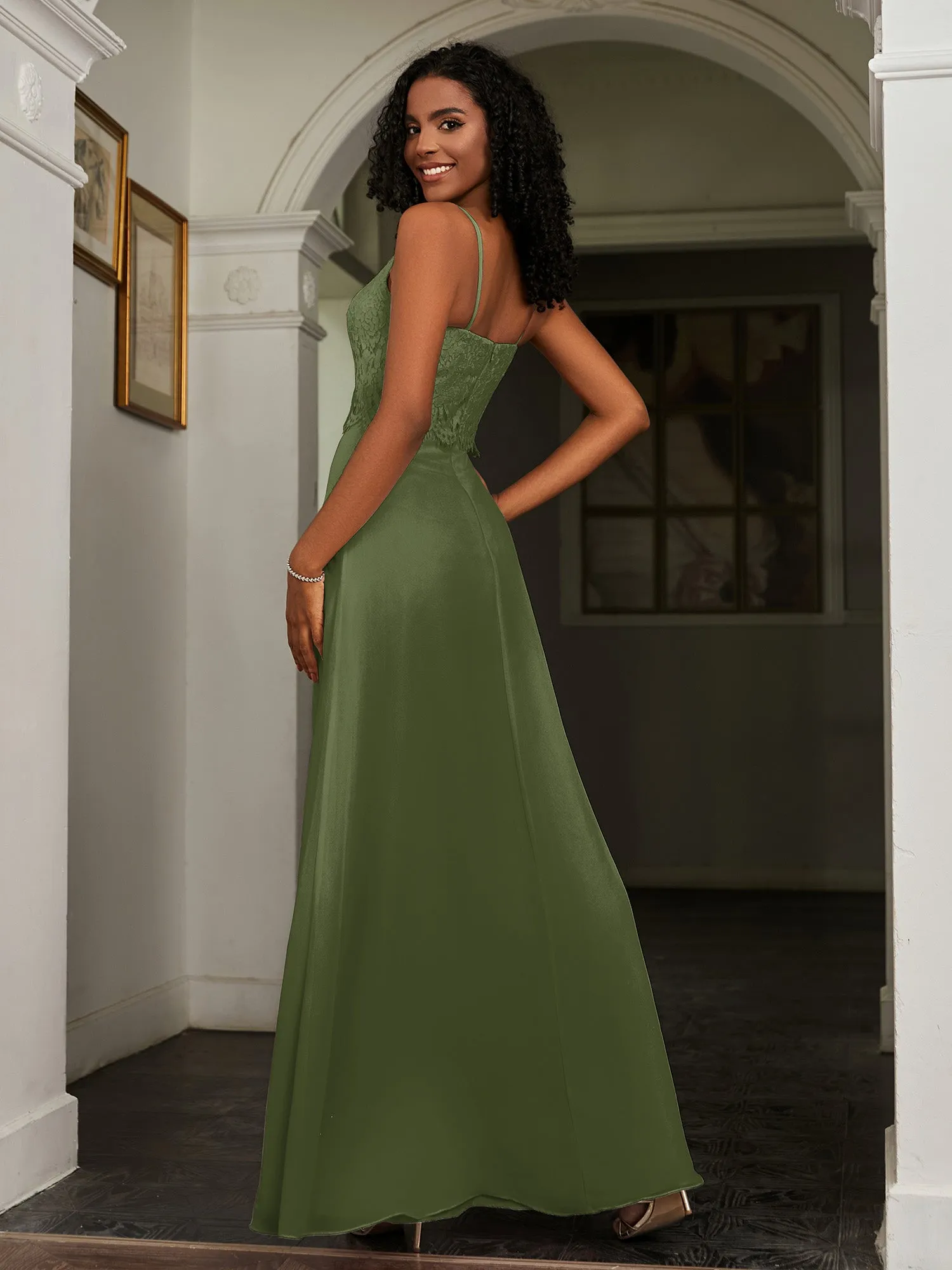 Lace Appliqued  Backless Chiffon A-Line Dress Olive Green Plus Size