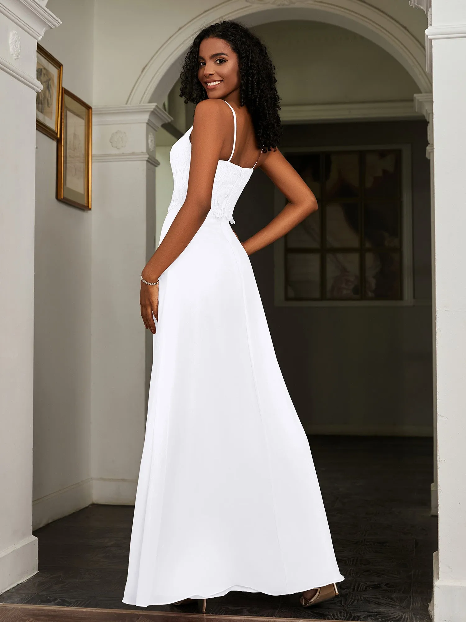 Lace Appliqued  Backless Chiffon A-Line Dress White Plus Size