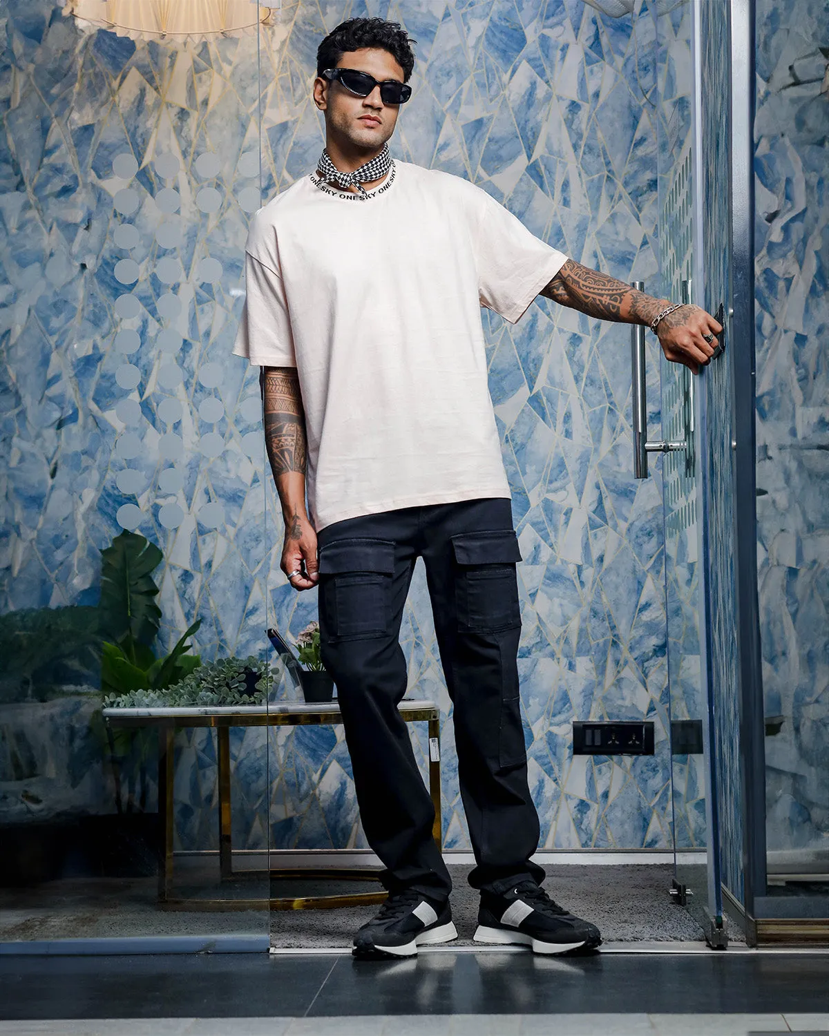 Men's Round Neck Silver Peony Oversized T-shirt