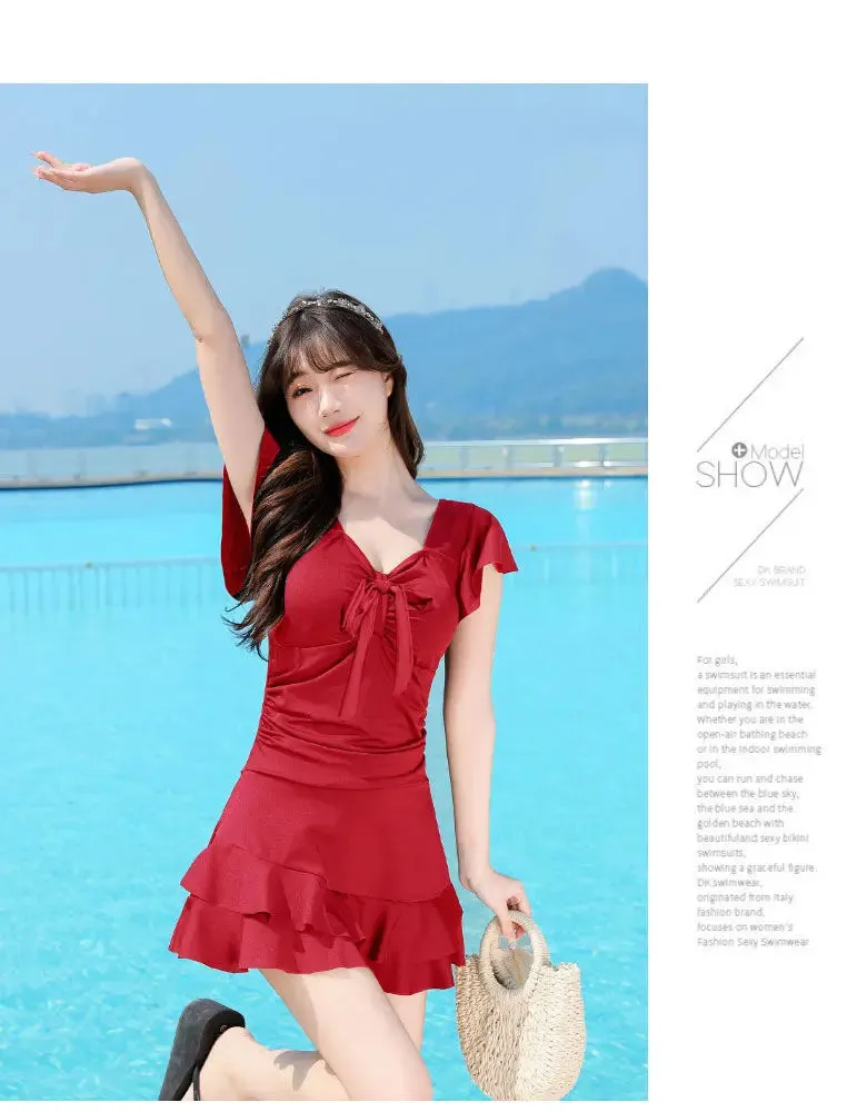 One Piece Swimsuit Ruffled Bow Lace Summer Dress