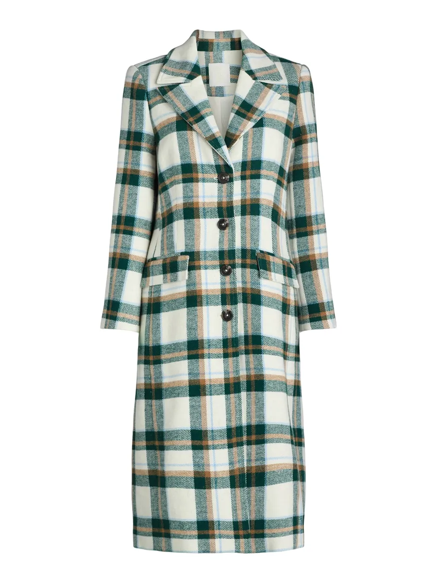 Plaid Wool Blend Long Coat