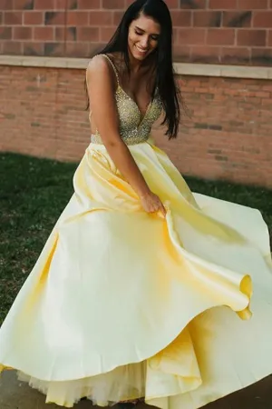 Promfast A Line Spaghetti Straps Backless Yellow Satin Prom Dress With Beading PFP1887