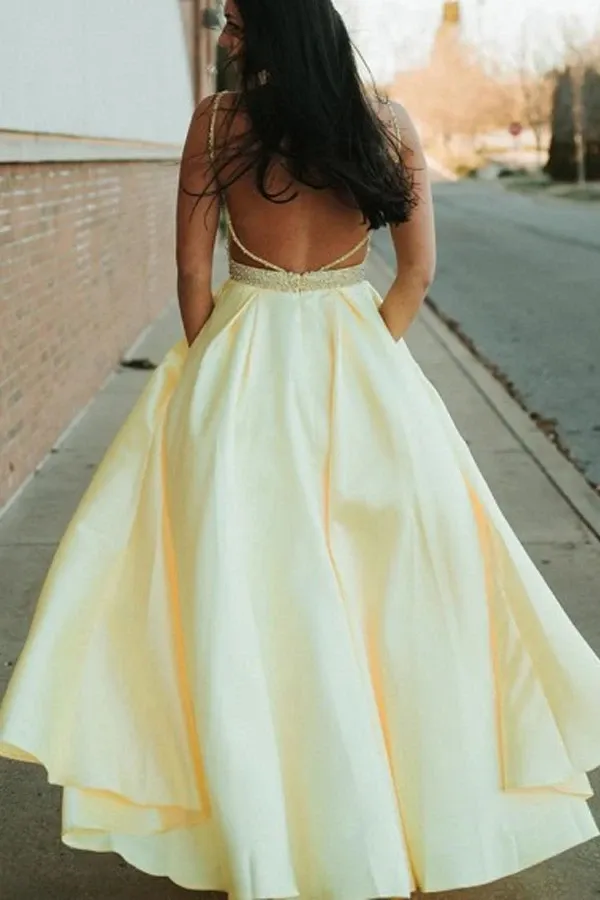 Promfast A Line Spaghetti Straps Backless Yellow Satin Prom Dress With Beading PFP1887
