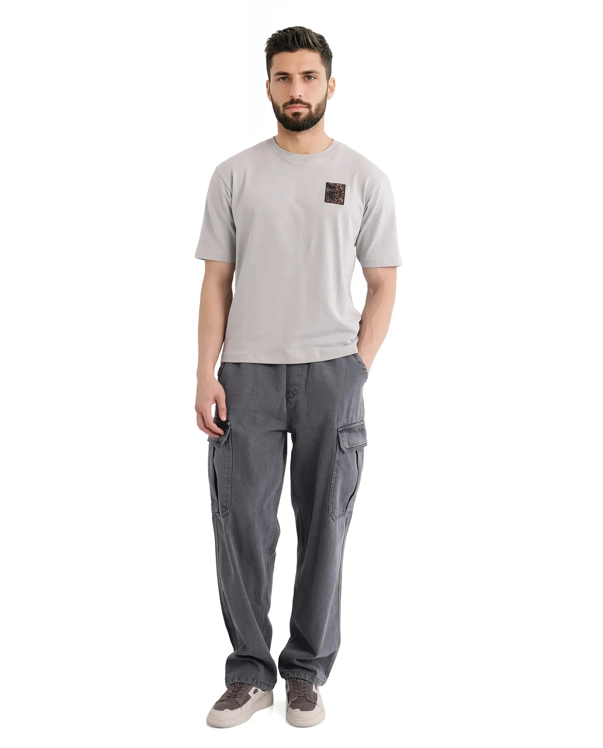 Rare Rabbit Men Rugy Grey Cotton Fabric Short Sleeve Crew Neck Qlo Fit Graphic Back Print T-Shirt