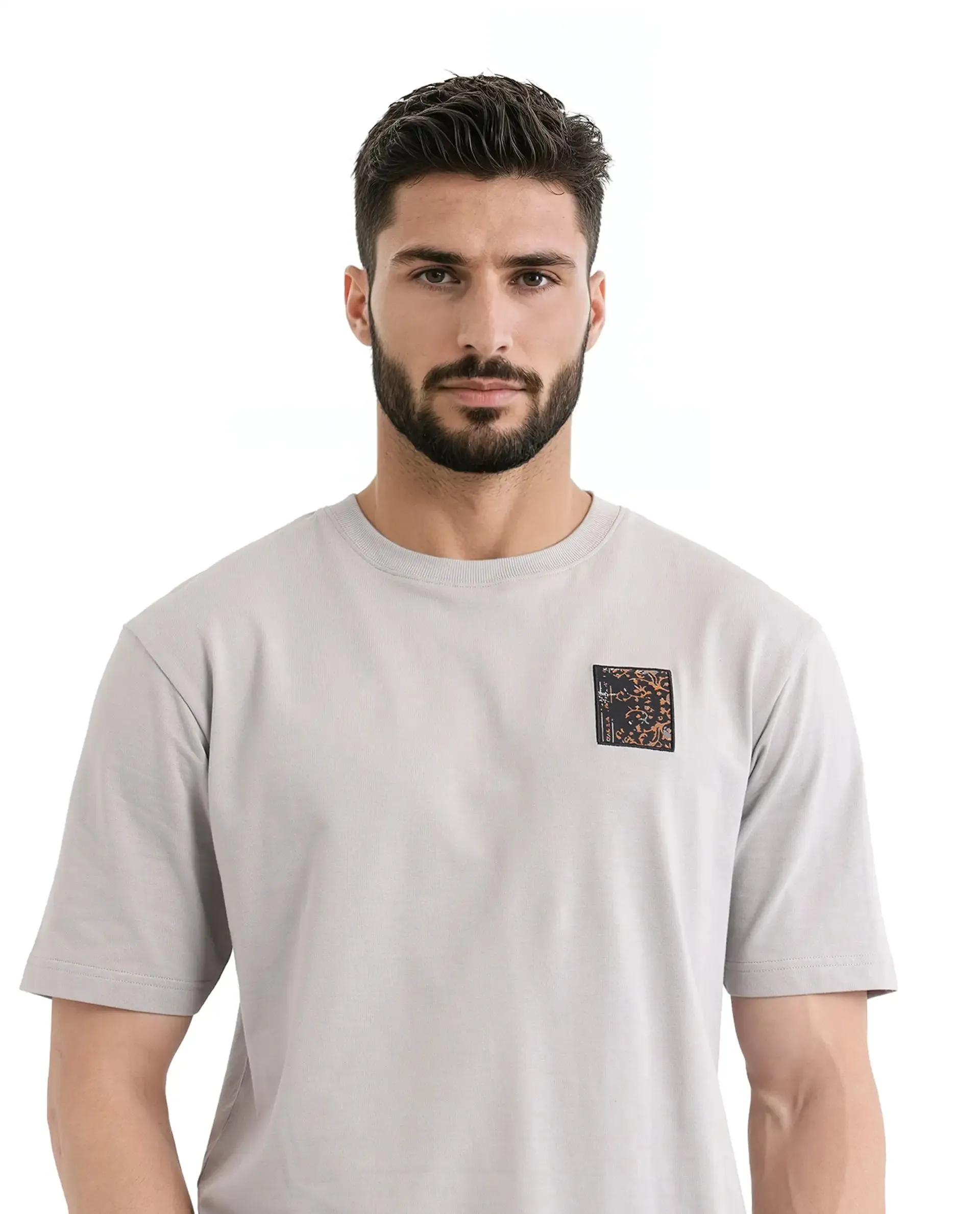 Rare Rabbit Men Rugy Grey Cotton Fabric Short Sleeve Crew Neck Qlo Fit Graphic Back Print T-Shirt