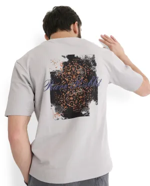 Rare Rabbit Men Rugy Grey Cotton Fabric Short Sleeve Crew Neck Qlo Fit Graphic Back Print T-Shirt