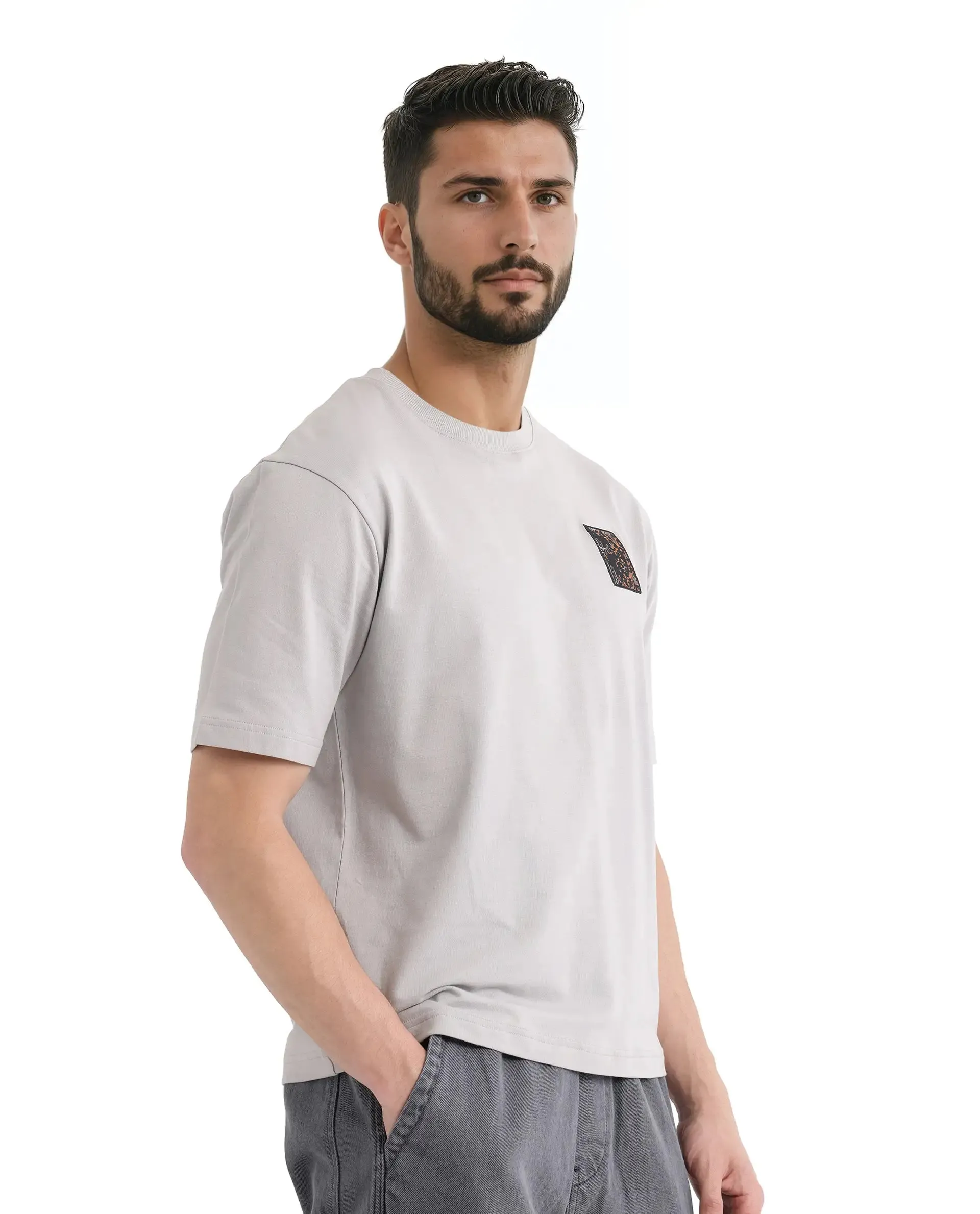 Rare Rabbit Men Rugy Grey Cotton Fabric Short Sleeve Crew Neck Qlo Fit Graphic Back Print T-Shirt