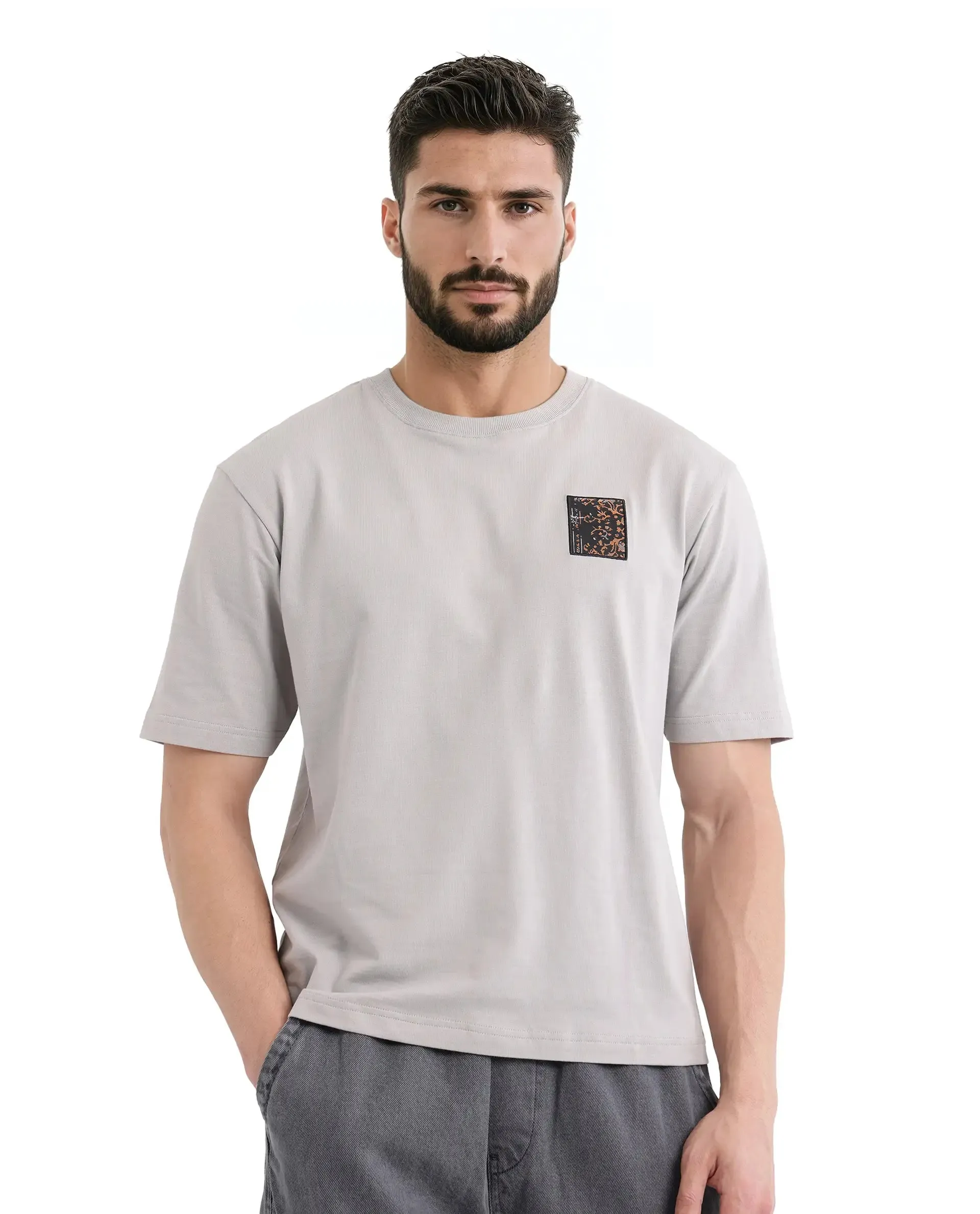 Rare Rabbit Men Rugy Grey Cotton Fabric Short Sleeve Crew Neck Qlo Fit Graphic Back Print T-Shirt
