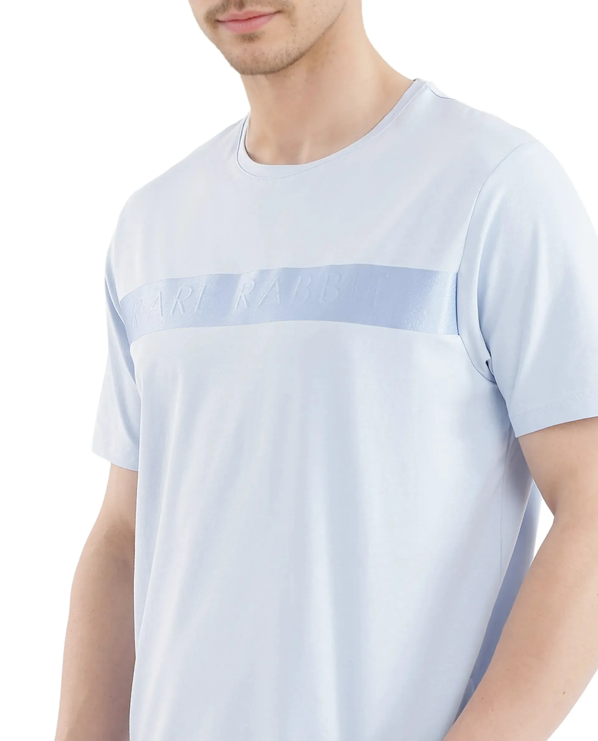 Rare Rabbit Men's Olios-1 Light Blue Cotton Lycra Fabric Short Sleeve Crew Neck Graphic Print T-Shirt
