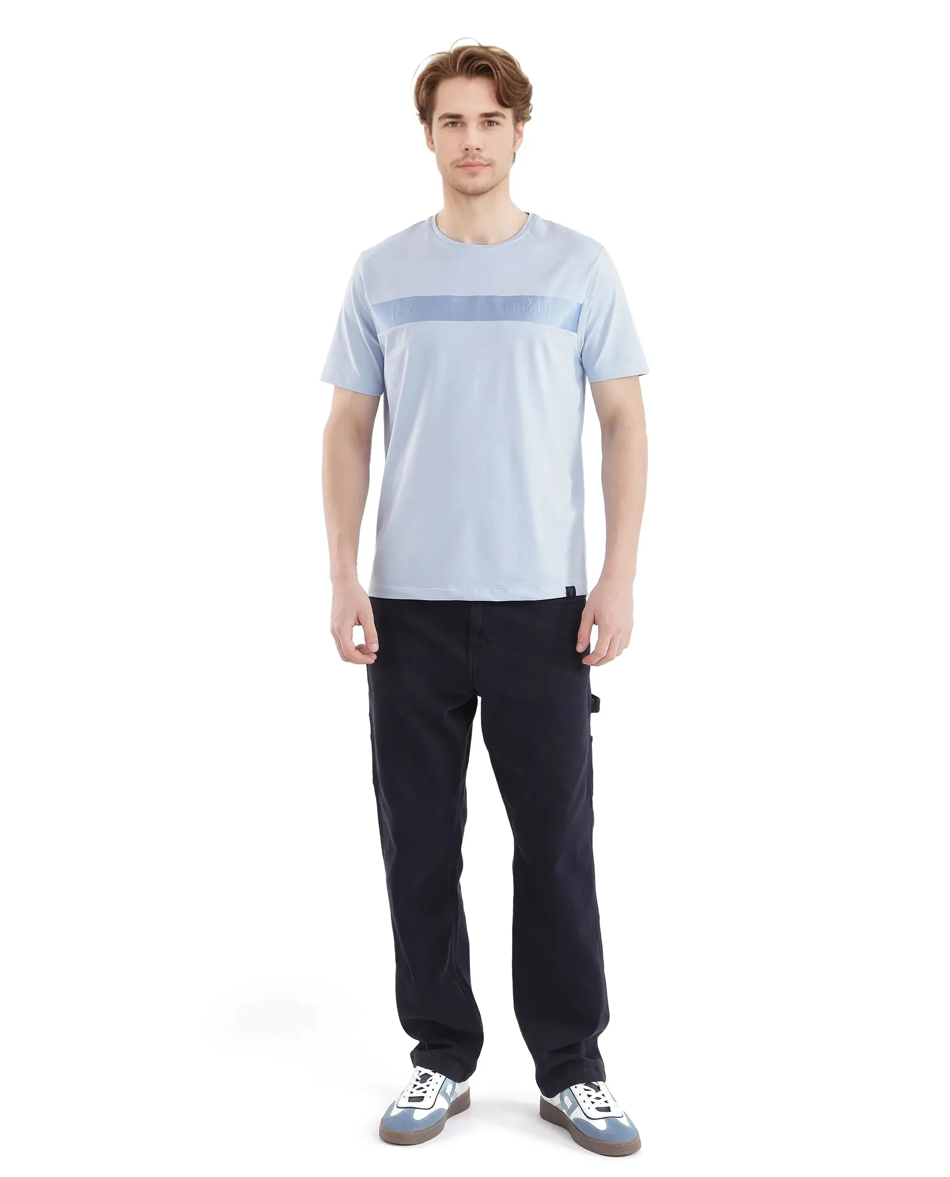 Rare Rabbit Men's Olios-1 Light Blue Cotton Lycra Fabric Short Sleeve Crew Neck Graphic Print T-Shirt