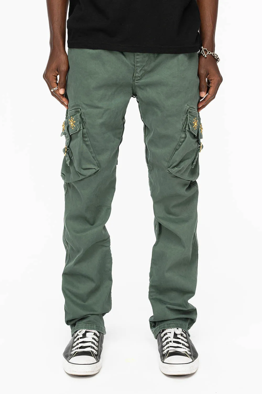 ROBINS NEW MILITARY STYLE CARGO PANTS IN FOREST WASH WITH GUNSLINGER CRYSTAL MOTIF
