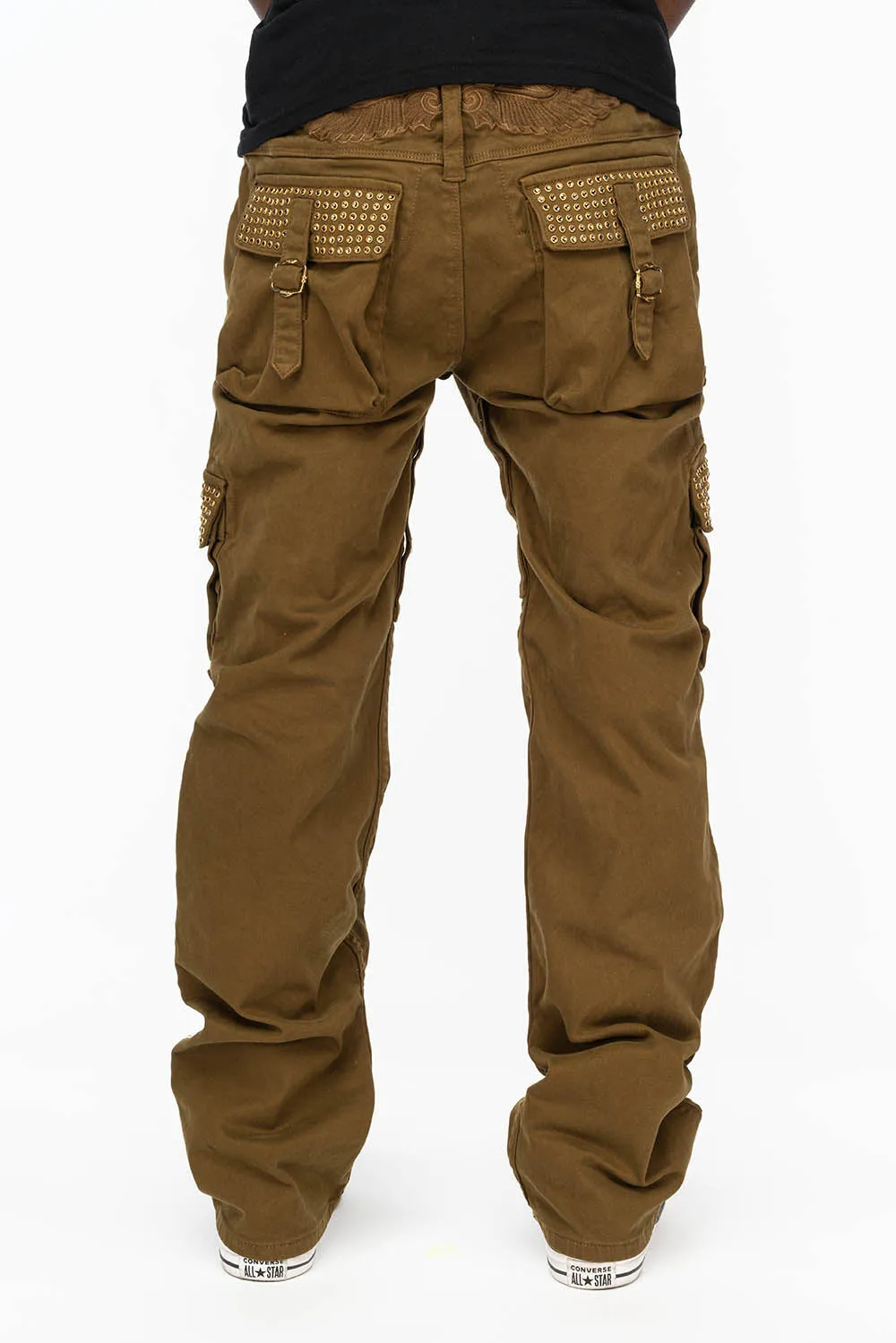 ROBINS NEW MILITARY STYLE CARGO PANTS IN OLIVE WITH SMOKY TOPAZ CRYSTALS