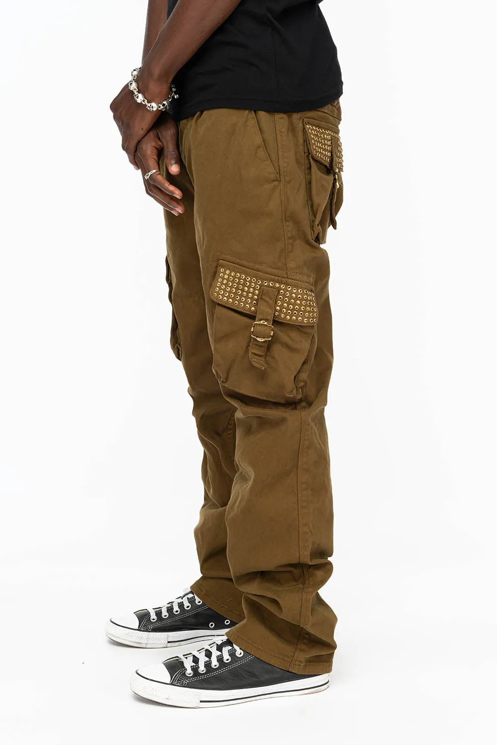 ROBINS NEW MILITARY STYLE CARGO PANTS IN OLIVE WITH SMOKY TOPAZ CRYSTALS