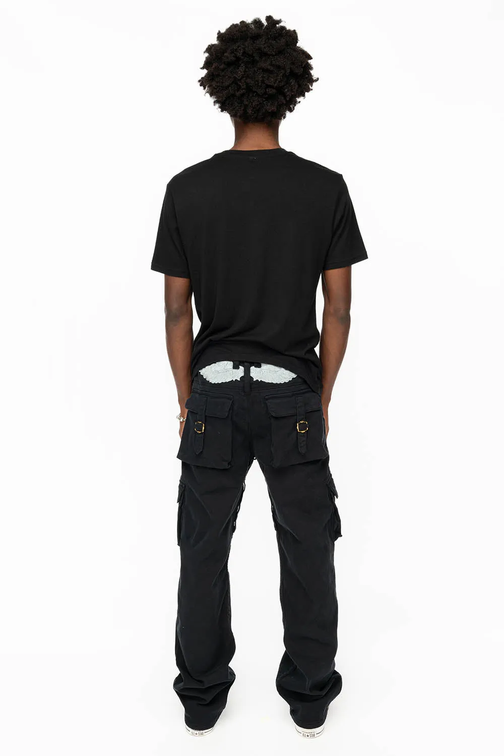 ROBINS NEW MILITARY STYLE CARGO PANTS IN  PURE BLACK WITH EMBROIDERY