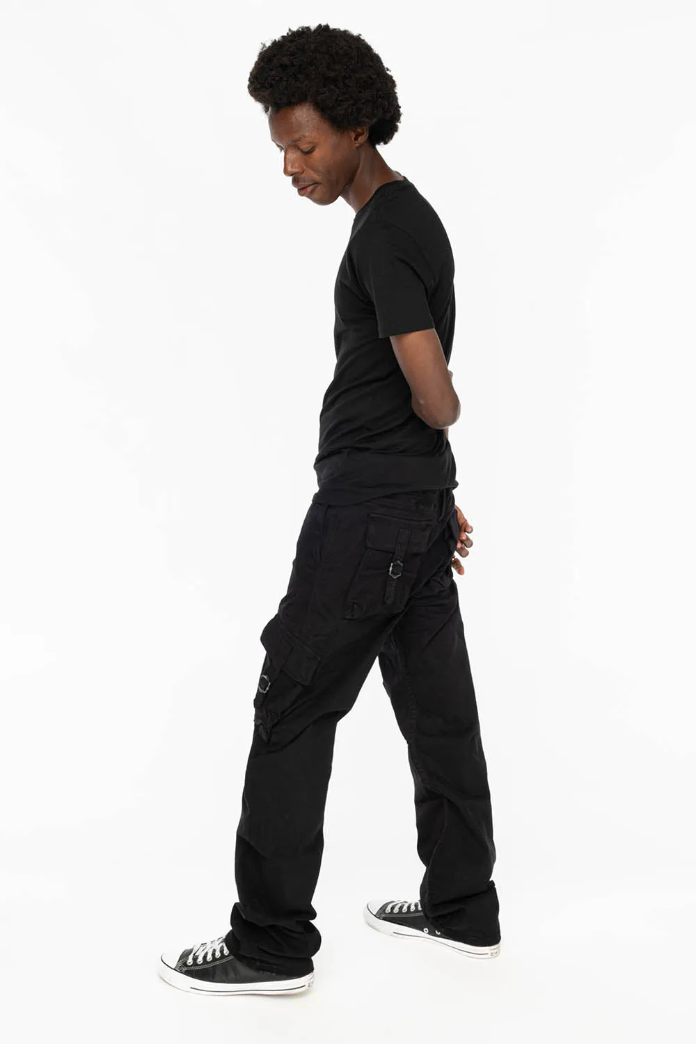 ROBINS NEW MILITARY STYLE CARGO PANTS IN  PURE BLACK WITH EMBROIDERY