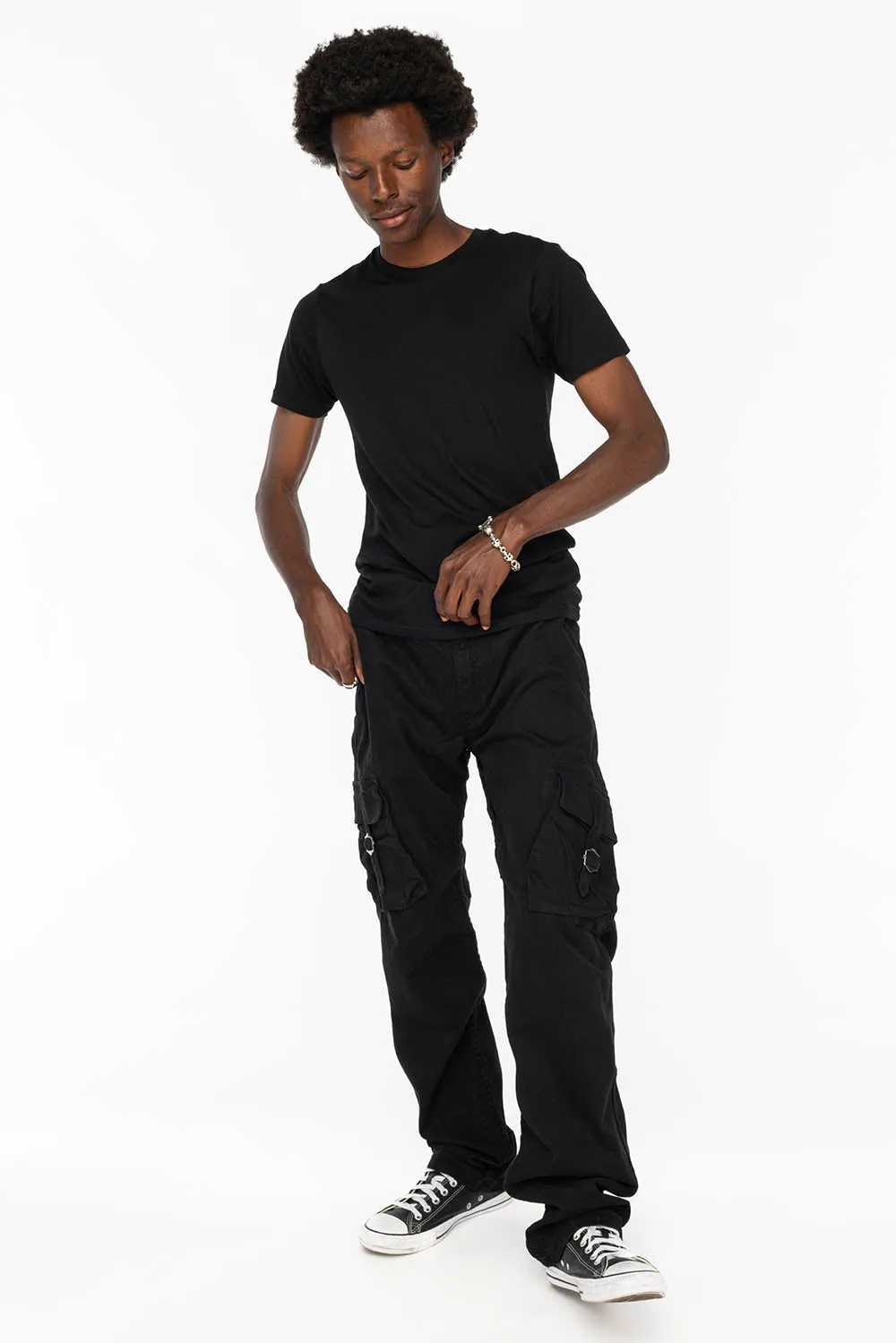 ROBINS NEW MILITARY STYLE CARGO PANTS IN  PURE BLACK WITH EMBROIDERY