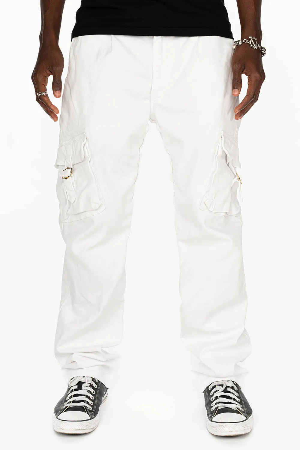 ROBINS NEW MILITARY STYLE CARGO PANTS IN WHITE WASH