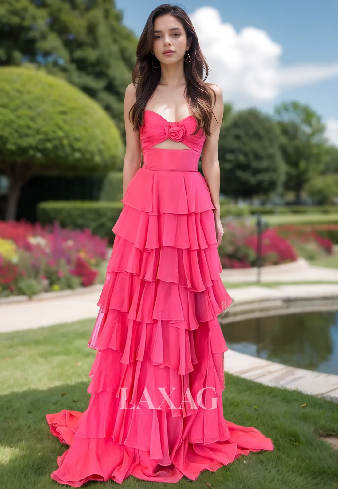 Sweetheart Off-Shoulder Sleeveless A-Line Prom Dress Pleated Chiffon Tiered Evening Gowns with Slit