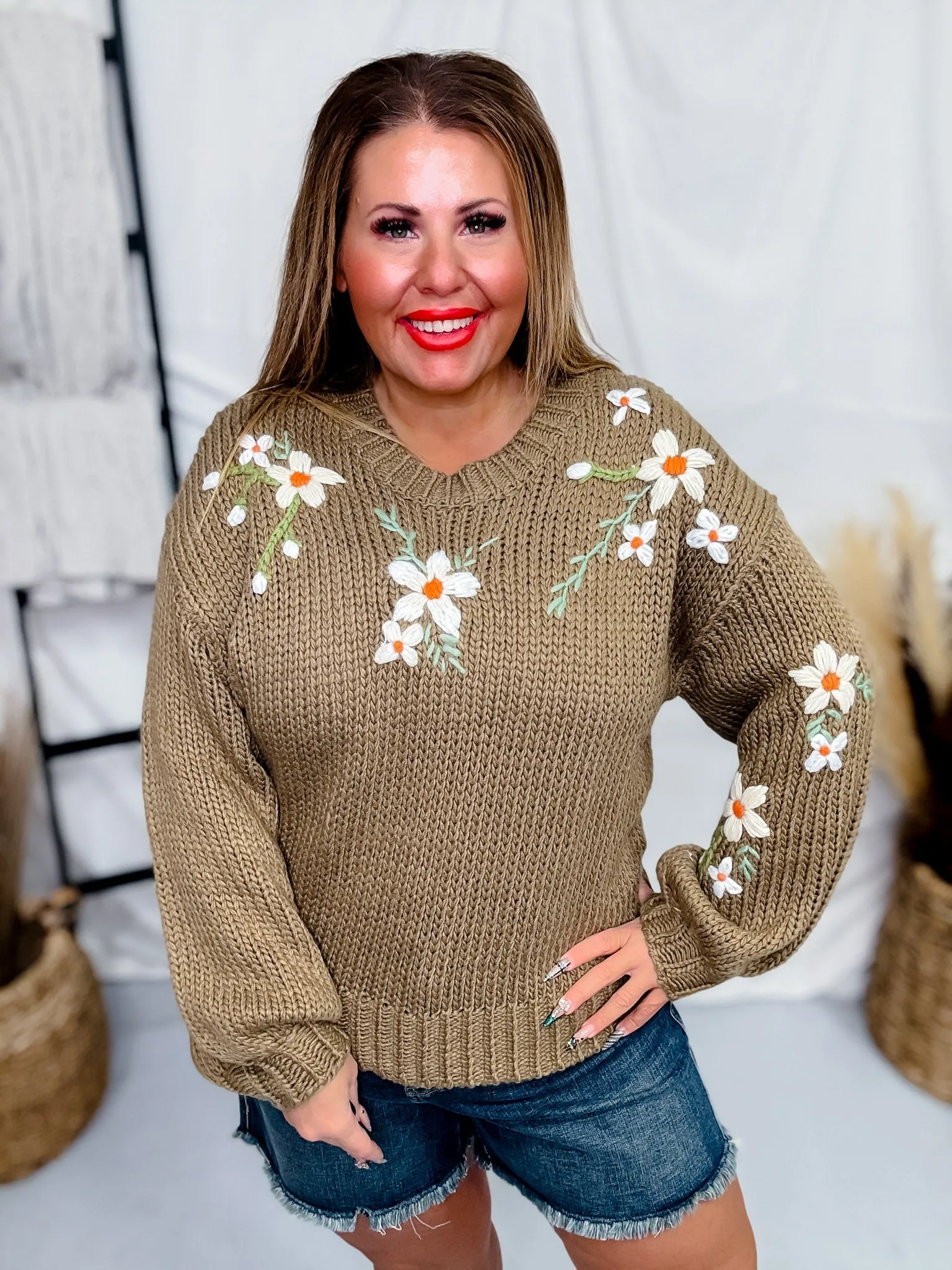 Taupe Floral Embroidered Knit Sweater
