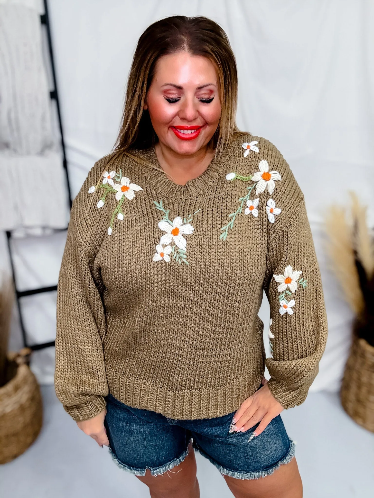 Taupe Floral Embroidered Knit Sweater