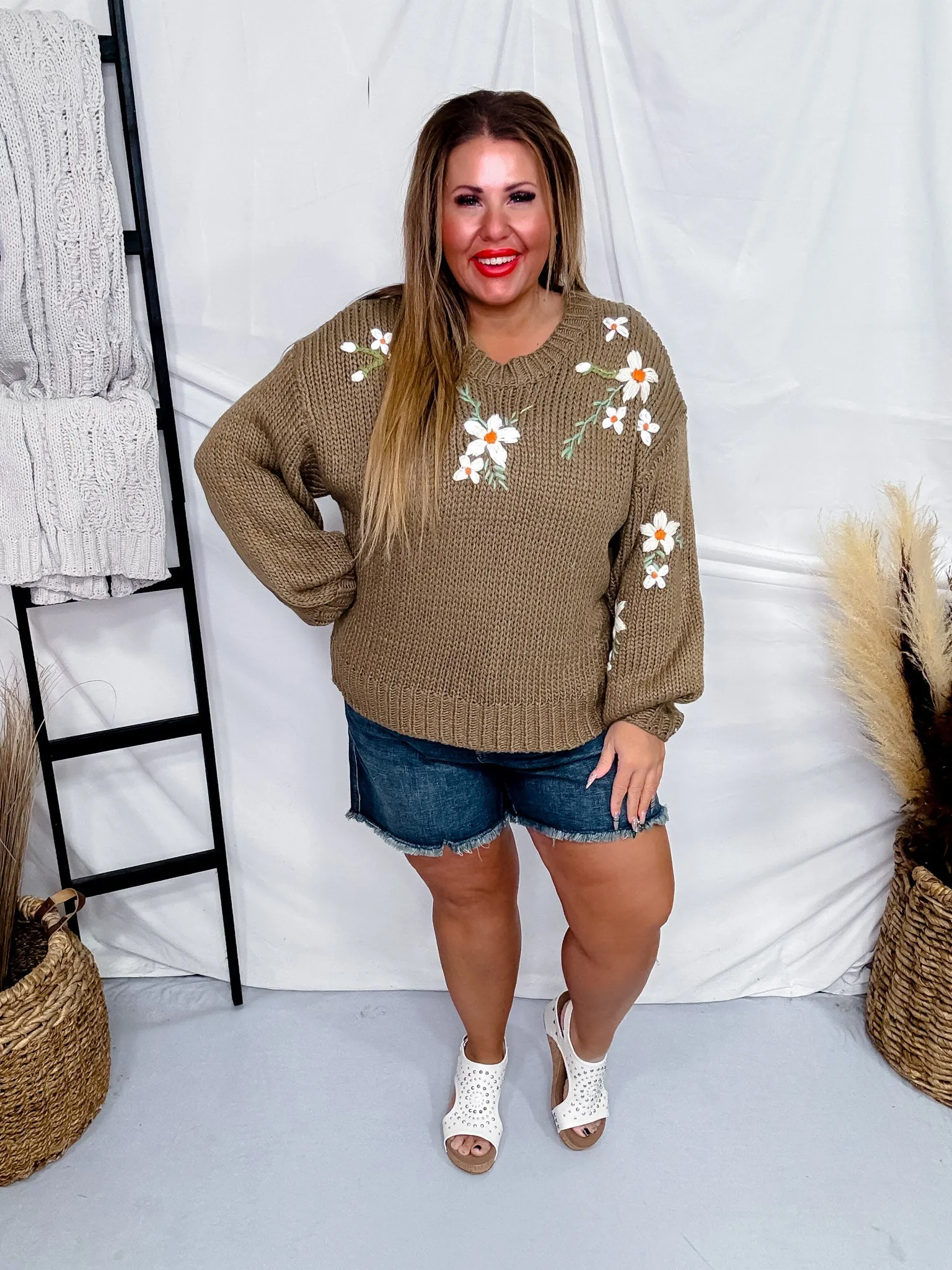 Taupe Floral Embroidered Knit Sweater