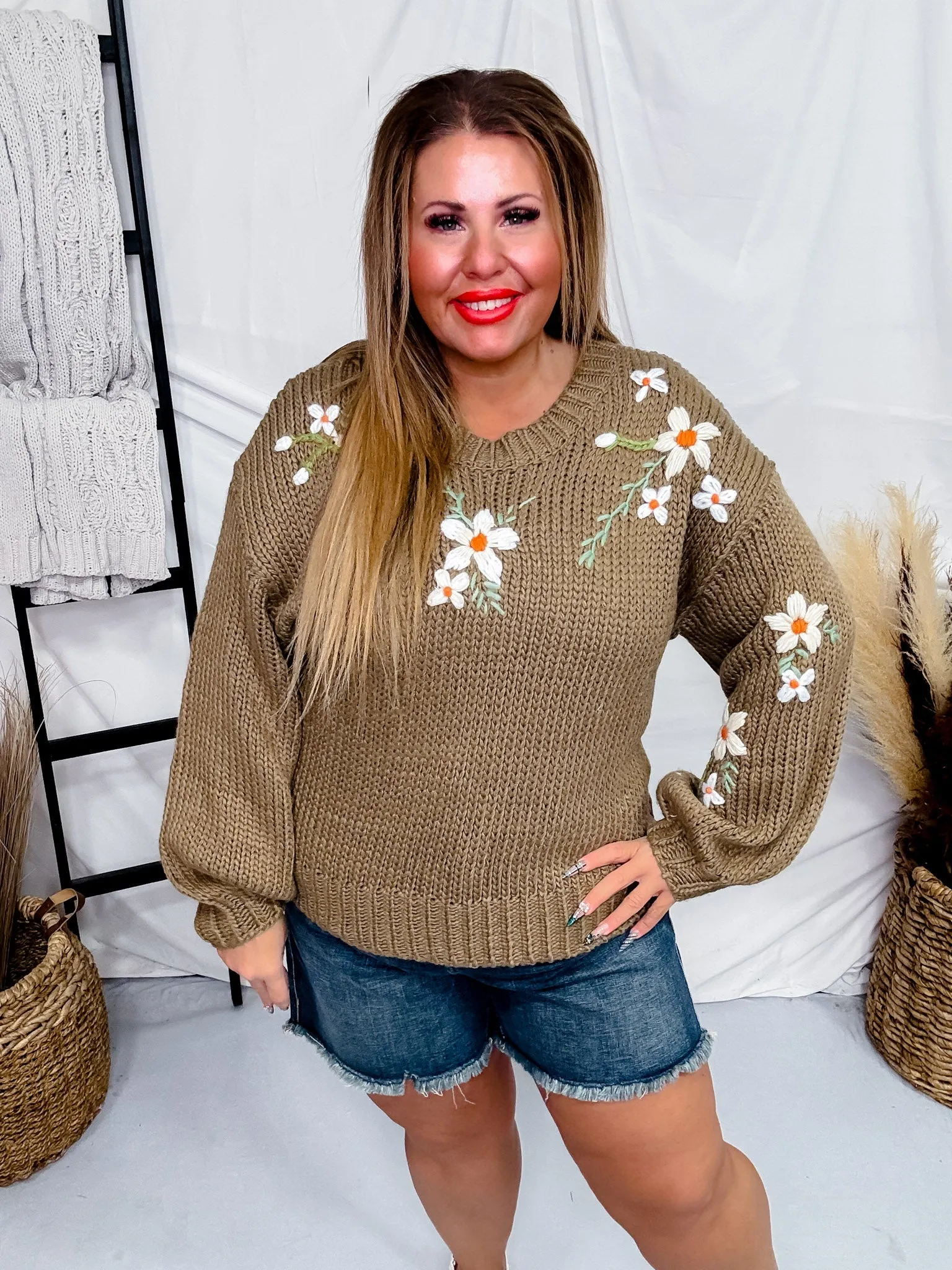 Taupe Floral Embroidered Knit Sweater