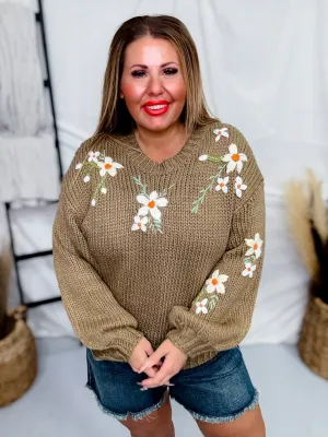 Taupe Floral Embroidered Knit Sweater