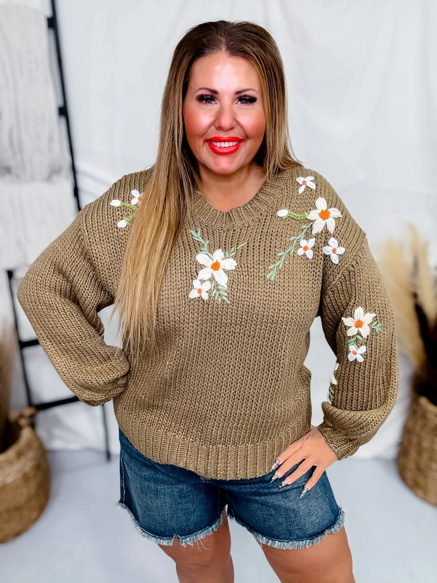 Taupe Floral Embroidered Knit Sweater