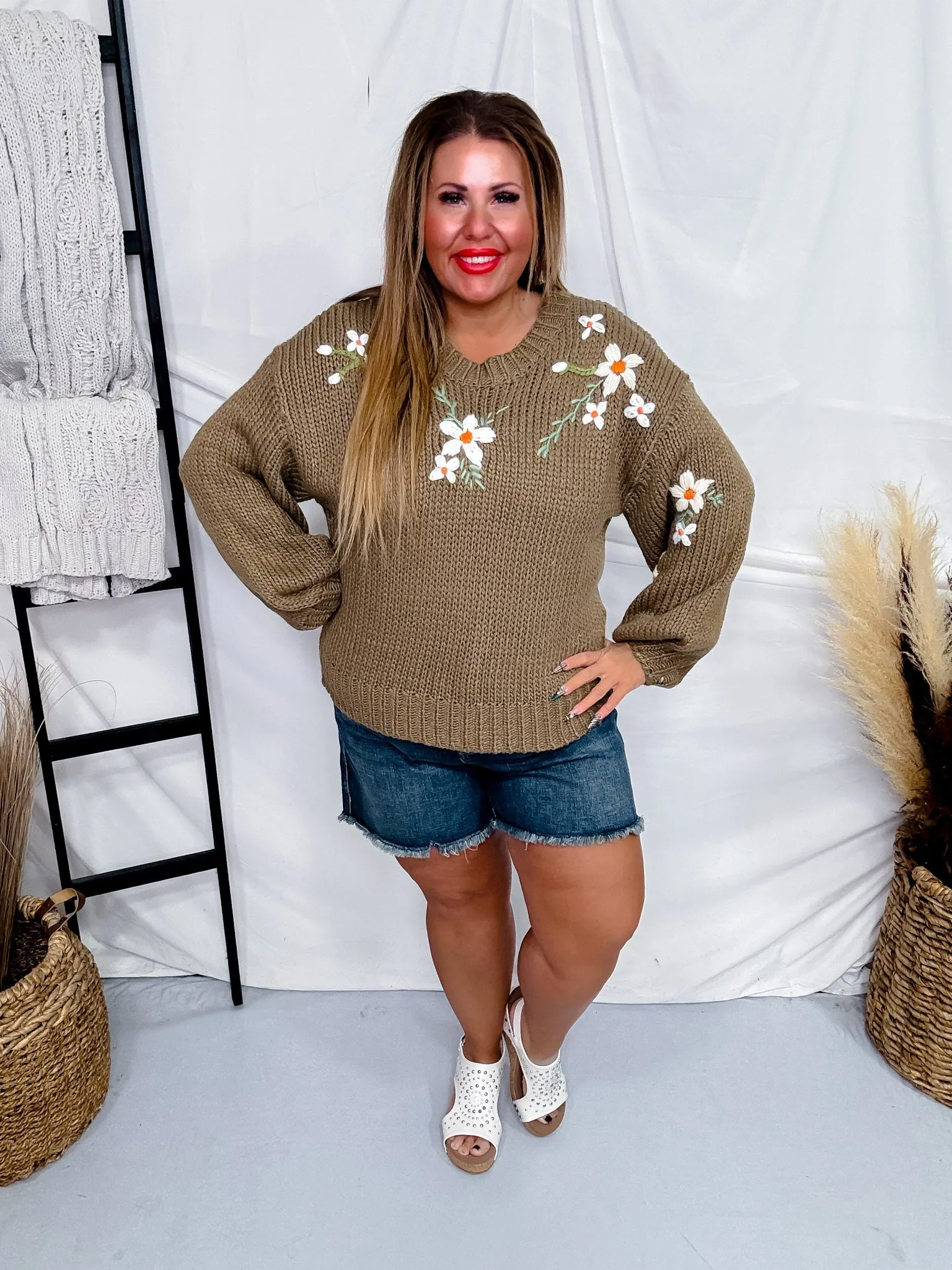 Taupe Floral Embroidered Knit Sweater