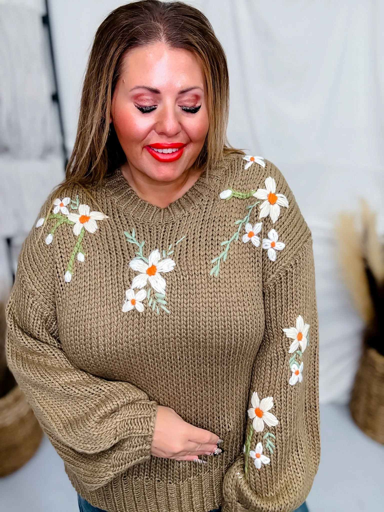 Taupe Floral Embroidered Knit Sweater