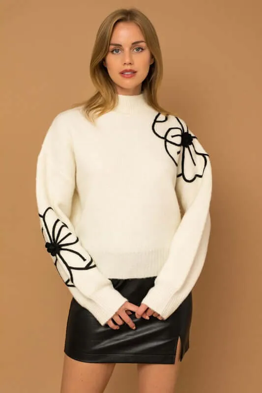 Timeless Flower Embroidery Mock Neck Sweater