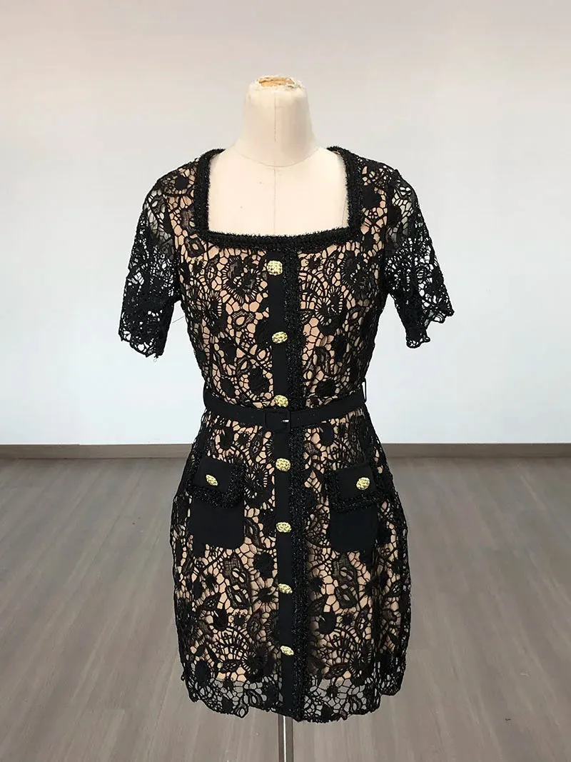 Trend4us Women's Chic Lace Applique Mini Dress