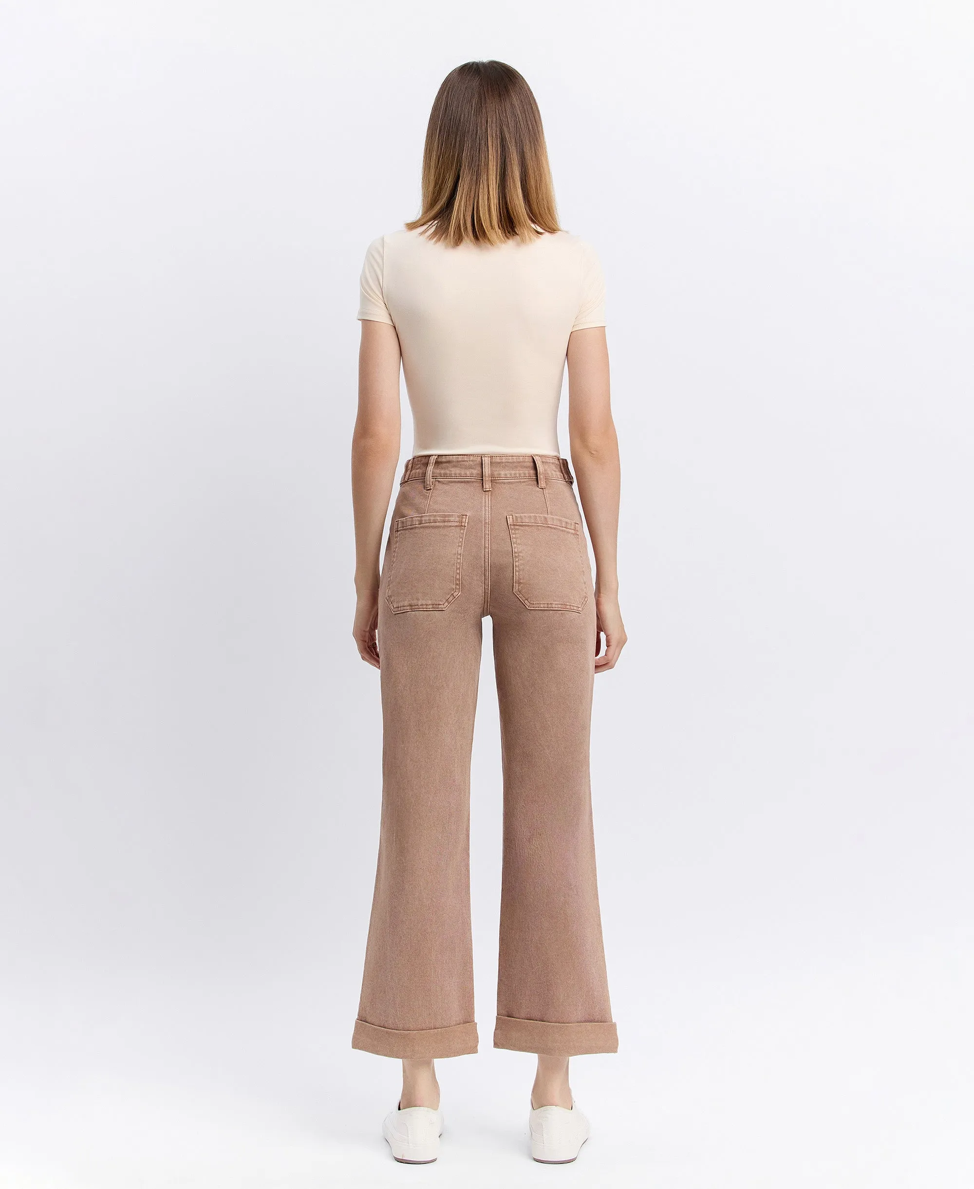 Warm Taupe - High Rise Tab Waistband Slim Wide Leg Jeans