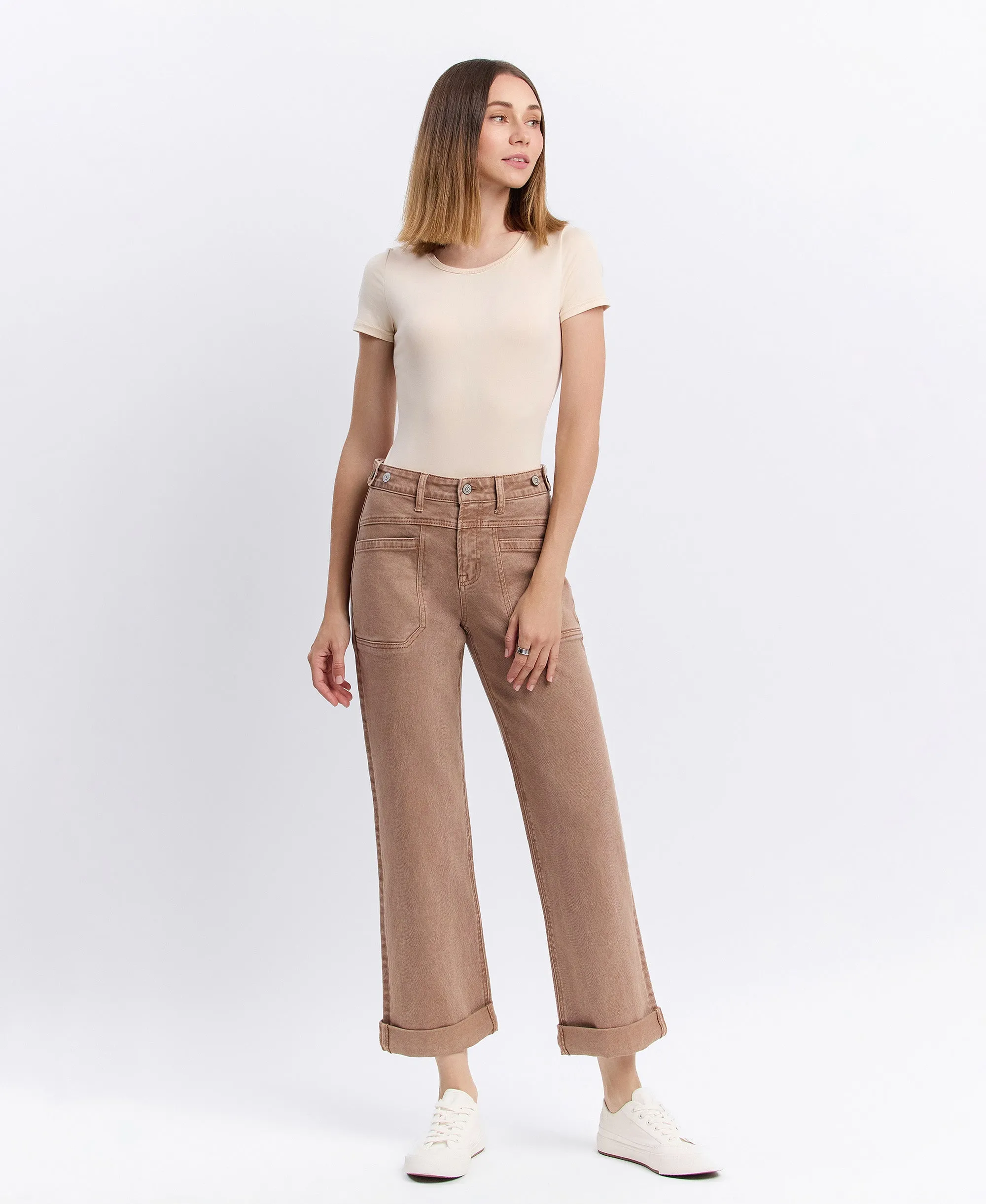 Warm Taupe - High Rise Tab Waistband Slim Wide Leg Jeans