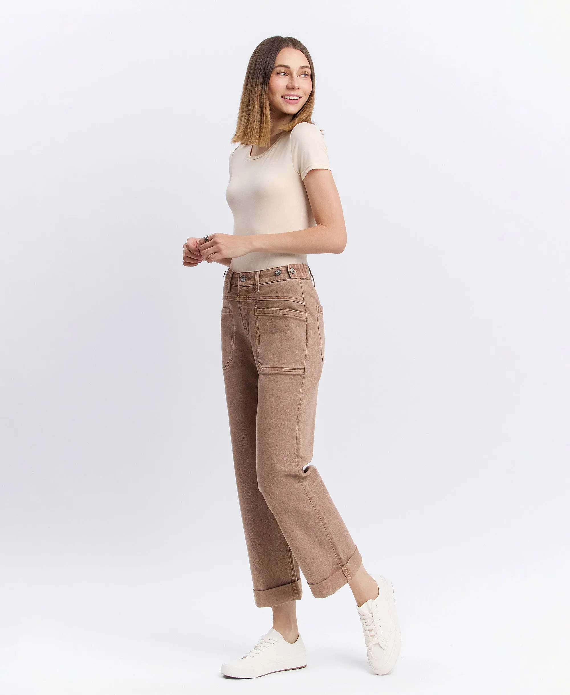 Warm Taupe - High Rise Tab Waistband Slim Wide Leg Jeans