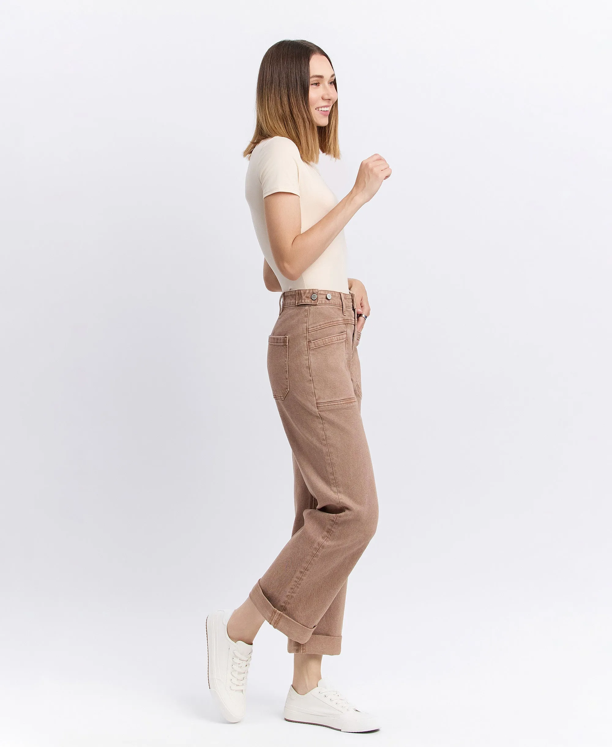 Warm Taupe - High Rise Tab Waistband Slim Wide Leg Jeans