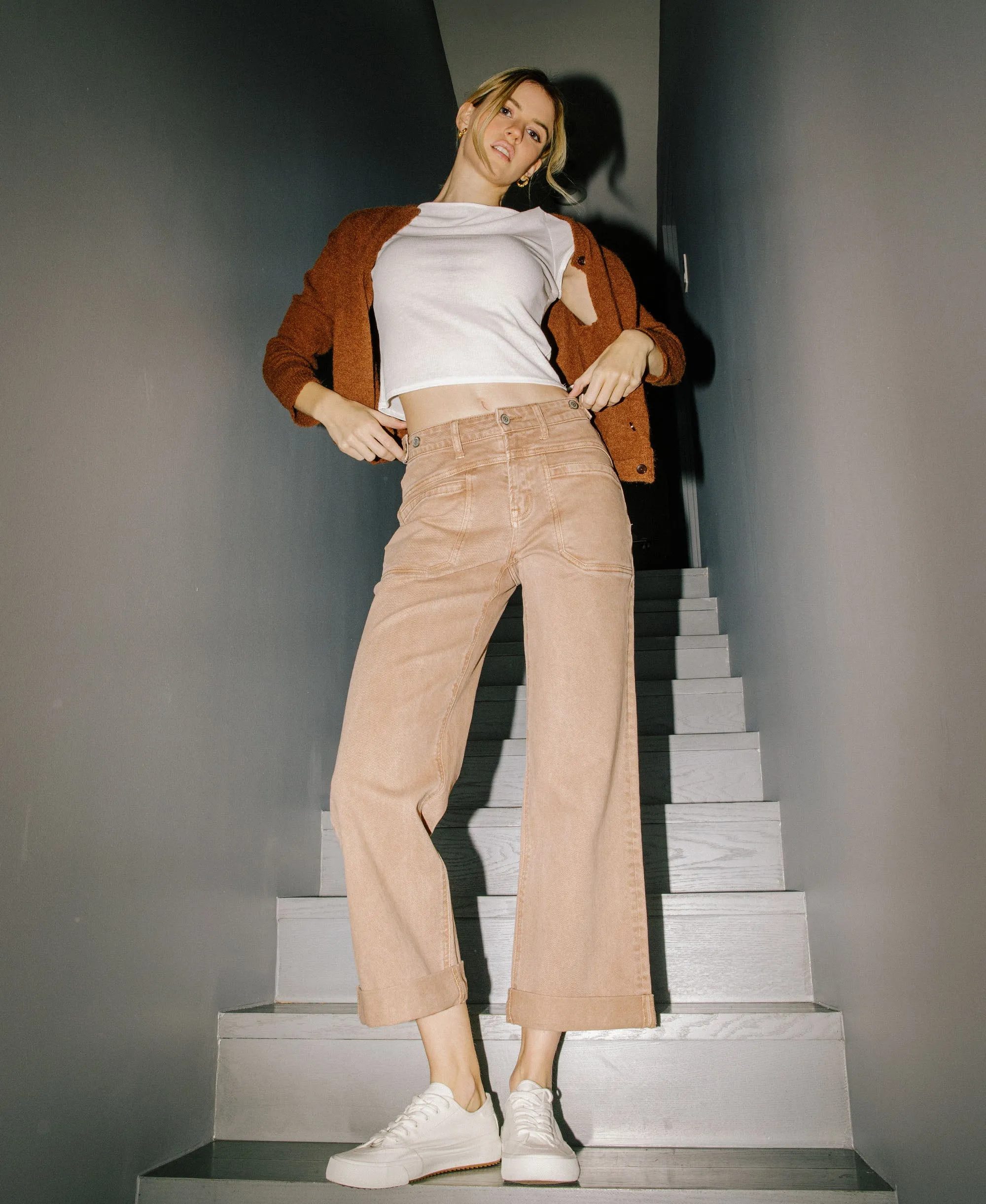 Warm Taupe - High Rise Tab Waistband Slim Wide Leg Jeans