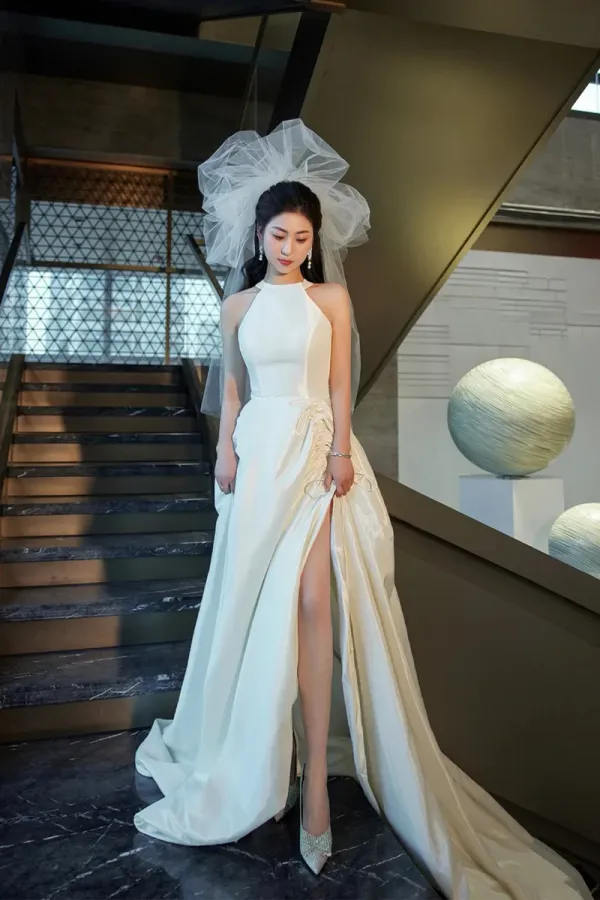 White Satin Long Prom Dress with Slit, Elegant A Line Backless Evening Party Dress PFP2488
