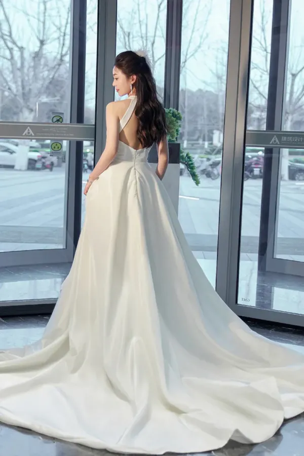 White Satin Long Prom Dress with Slit, Elegant A Line Backless Evening Party Dress PFP2488